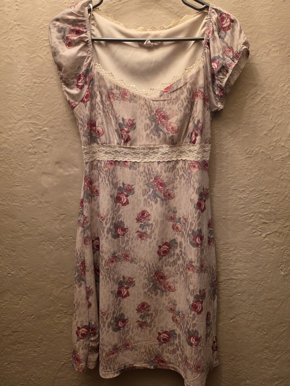 Y2K Wild Skye Rose Leopard Lace Babydoll Mini Dress M Cottagecore Coquette
